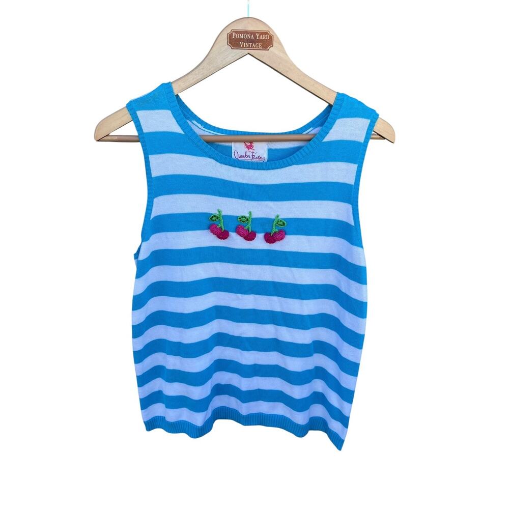 Quacker Factory Women's knit Tank Sleeveless Cherry Embroidered Stripe Medium